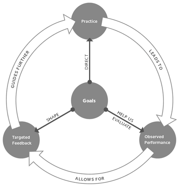 Ambrose's Cycle of Practice and Feedback: Practice produces an observed performance that allows for targeted feedback, which then guides further practice. Course goals and objectives should direct the practice, help evaluate the performance, and shape the feedback.