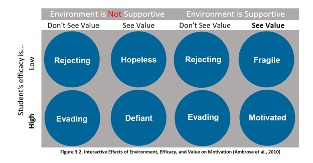 Image illustrates the relationship between value, self-efficacy, the learning environment (i.e. class climate), and student motivation. Students’ motivation is highest when their self-efficacy is high, the learning environment is supportive, and they perceive value/relevance in the learning.
